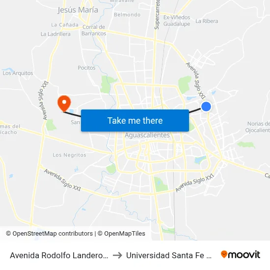 Avenida Rodolfo Landeros Gallegos, 403 to Universidad Santa Fe Aguascalientes map