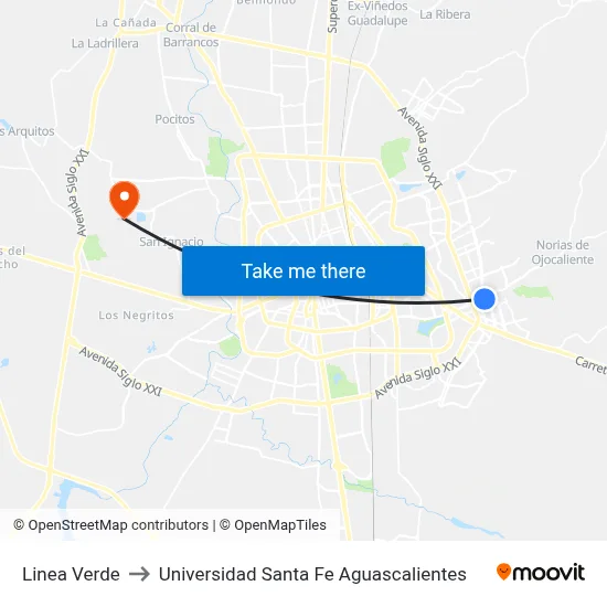 Linea Verde to Universidad Santa Fe Aguascalientes map