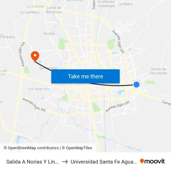 Salida A Norias Y Línea Verde to Universidad Santa Fe Aguascalientes map
