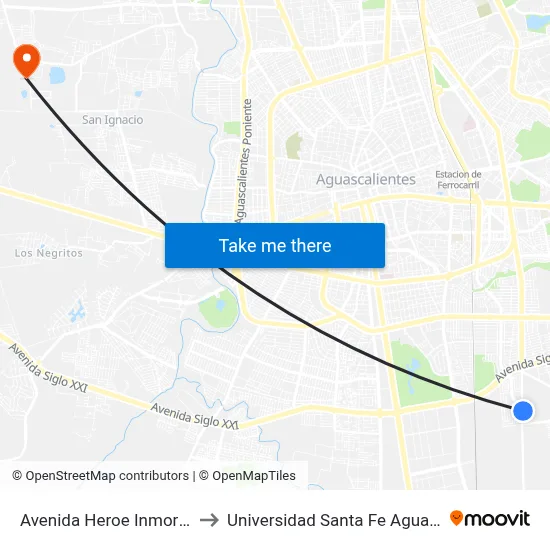 Avenida Heroe Inmortal, 1502 to Universidad Santa Fe Aguascalientes map
