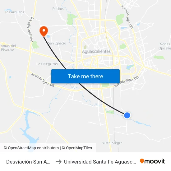 Desviación San Antonio to Universidad Santa Fe Aguascalientes map