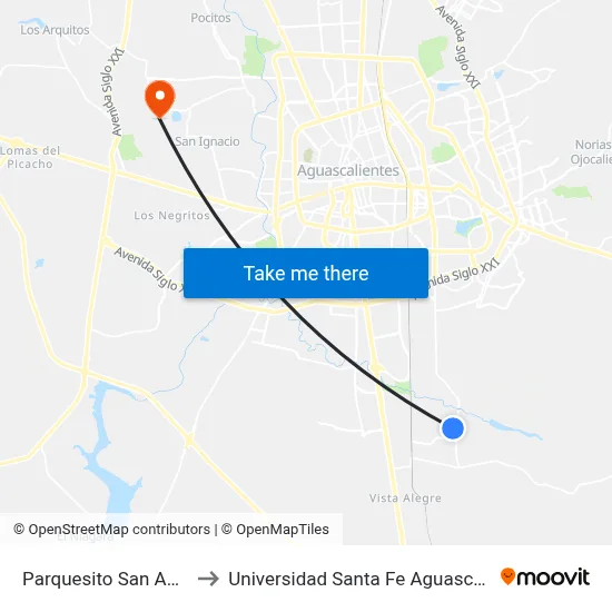 Parquesito San Antonio to Universidad Santa Fe Aguascalientes map