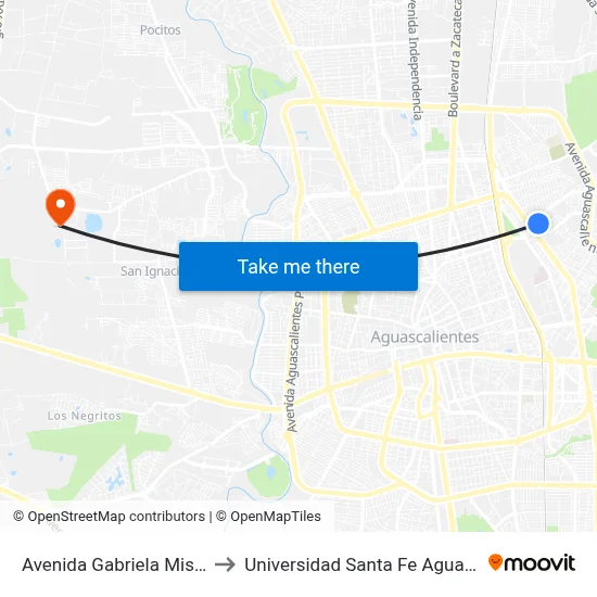 Avenida Gabriela Mistral, 109 to Universidad Santa Fe Aguascalientes map