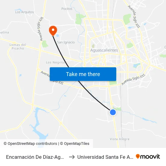 Encarnación De Díaz-Aguascalientes, 87 to Universidad Santa Fe Aguascalientes map