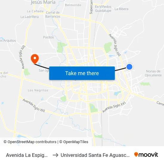 Avenida La Espiga, 810 to Universidad Santa Fe Aguascalientes map