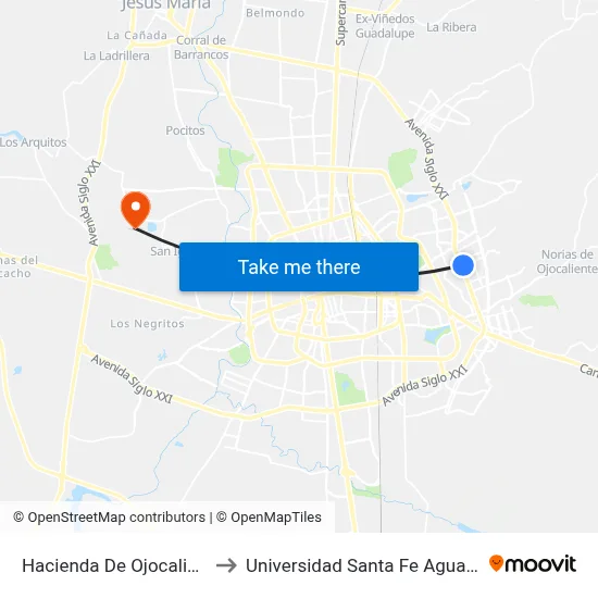 Hacienda De Ojocaliente, 132 to Universidad Santa Fe Aguascalientes map