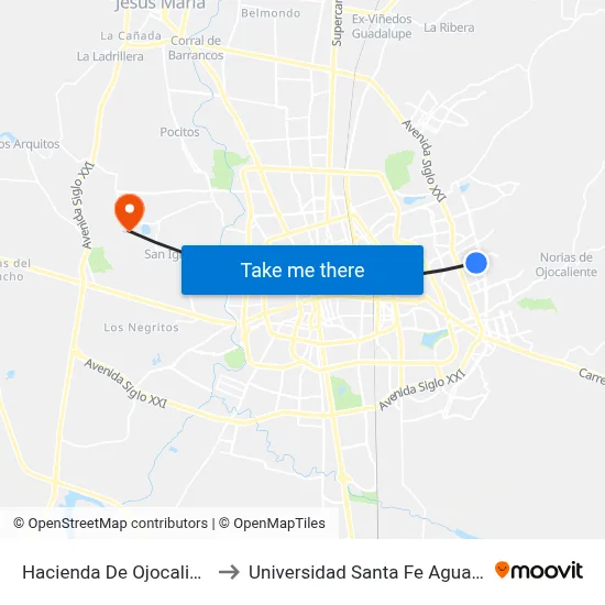 Hacienda De Ojocaliente, 249 to Universidad Santa Fe Aguascalientes map