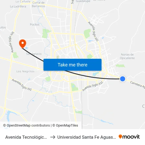 Avenida Tecnológico, 4427 to Universidad Santa Fe Aguascalientes map