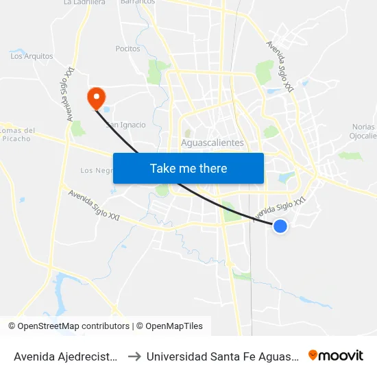 Avenida Ajedrecistas, 744 to Universidad Santa Fe Aguascalientes map