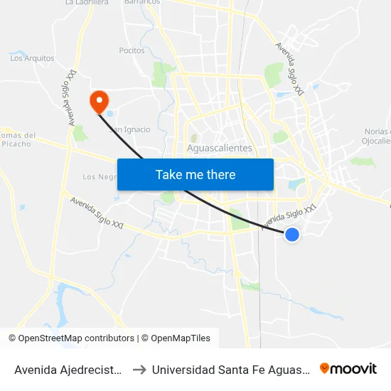 Avenida Ajedrecistas, 710 to Universidad Santa Fe Aguascalientes map