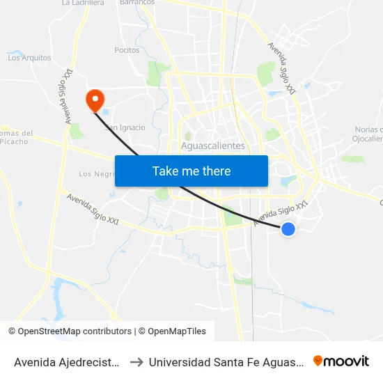 Avenida Ajedrecistas, 624 to Universidad Santa Fe Aguascalientes map