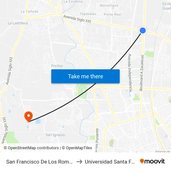 San Francisco De Los Romo-Aguascalientes, 65 to Universidad Santa Fe Aguascalientes map
