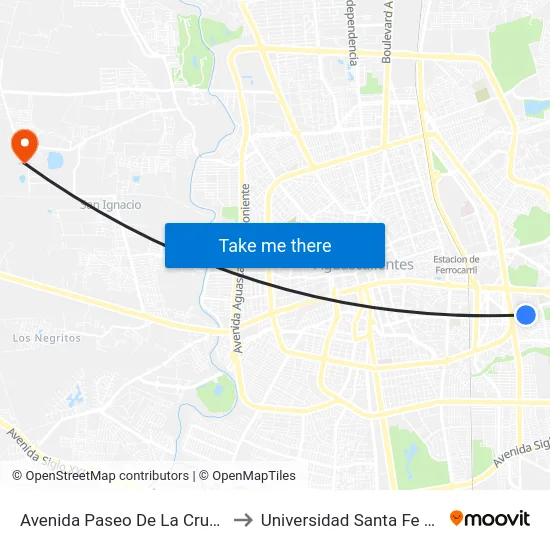 Avenida Paseo De La Cruz, Esq Via Lactea to Universidad Santa Fe Aguascalientes map