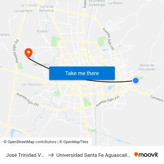 José Trinidad Velas to Universidad Santa Fe Aguascalientes map