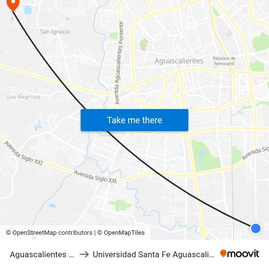 Aguascalientes 110 to Universidad Santa Fe Aguascalientes map