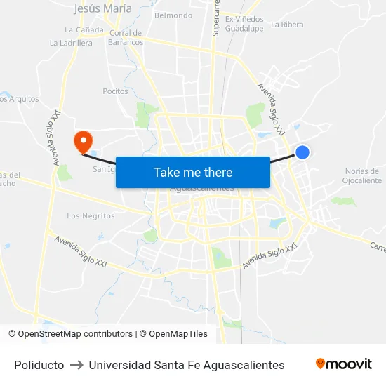 Poliducto to Universidad Santa Fe Aguascalientes map