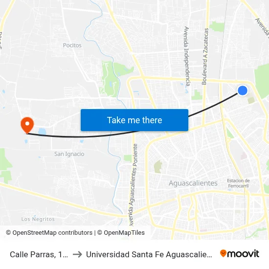 Calle Parras, 101 to Universidad Santa Fe Aguascalientes map