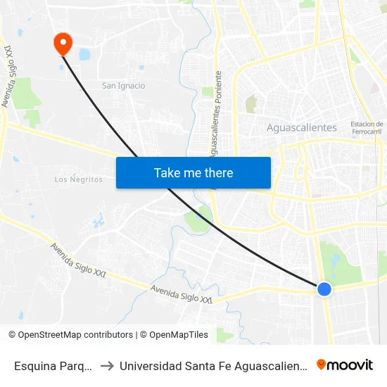 Esquina Parque to Universidad Santa Fe Aguascalientes map
