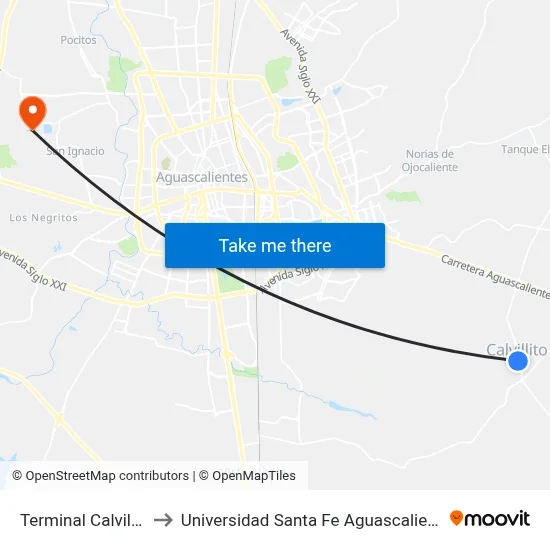 Terminal Calvillito to Universidad Santa Fe Aguascalientes map