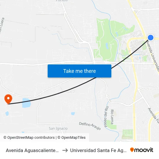 Avenida Aguascalientes Norte, 108 to Universidad Santa Fe Aguascalientes map