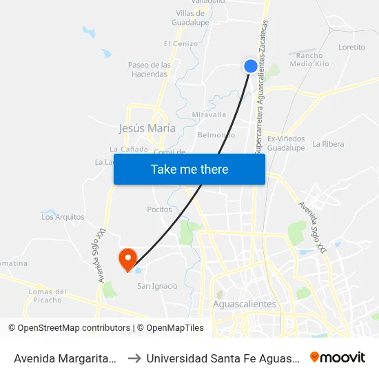 Avenida Margaritas, 103a to Universidad Santa Fe Aguascalientes map