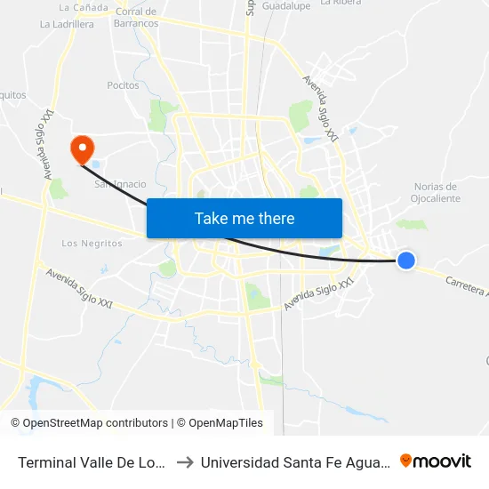 Terminal Valle De Los Cactus to Universidad Santa Fe Aguascalientes map