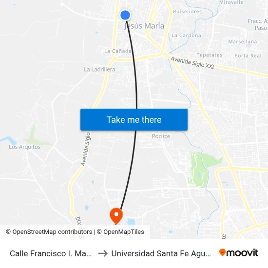 Calle Francisco I. Madero, 200 to Universidad Santa Fe Aguascalientes map