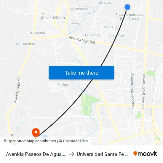 Avenida Paseos De Aguascalientes, 1602 to Universidad Santa Fe Aguascalientes map