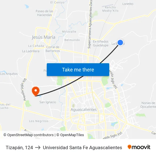 Tizapán, 124 to Universidad Santa Fe Aguascalientes map