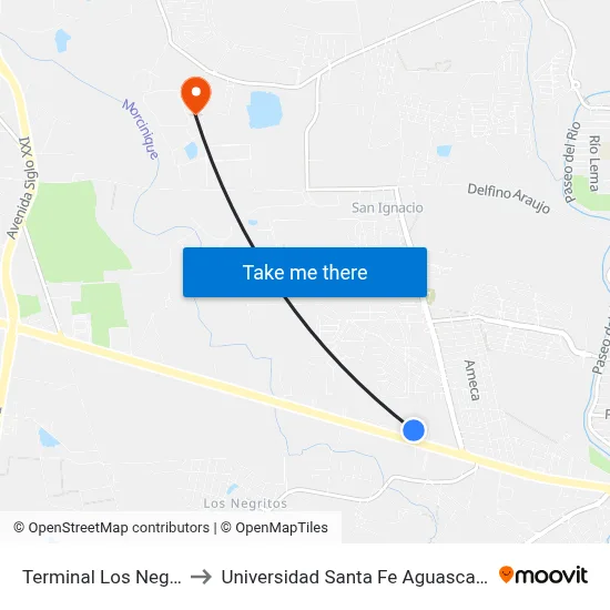 Terminal Los Negritos to Universidad Santa Fe Aguascalientes map