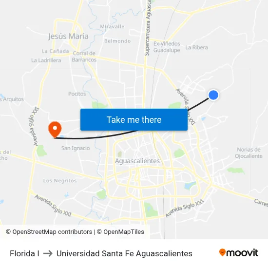 Florida I to Universidad Santa Fe Aguascalientes map