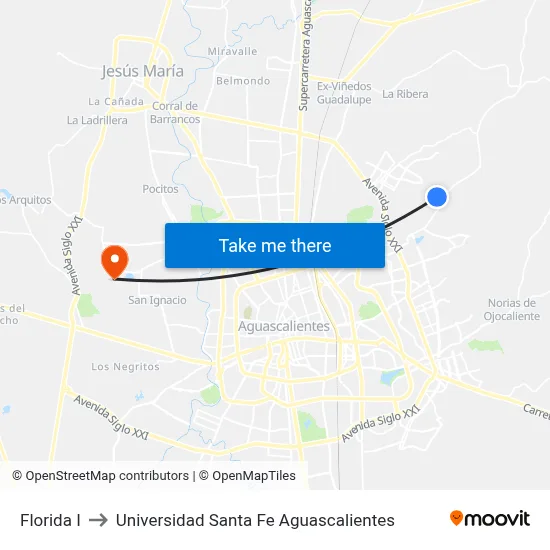 Florida I to Universidad Santa Fe Aguascalientes map