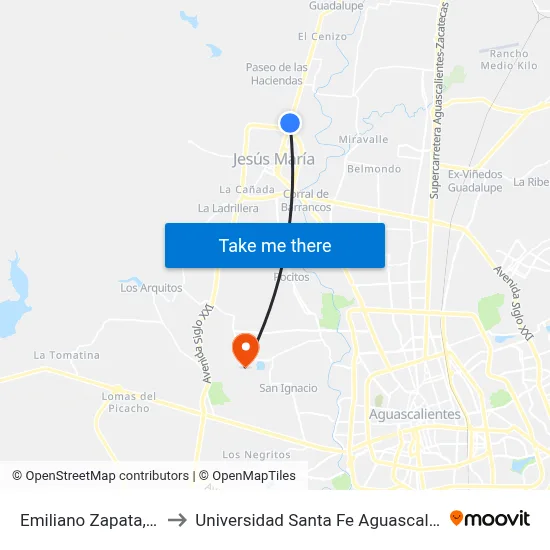 Emiliano Zapata, 934 to Universidad Santa Fe Aguascalientes map