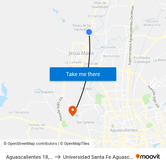 Aguascalientes 18, 1415 to Universidad Santa Fe Aguascalientes map