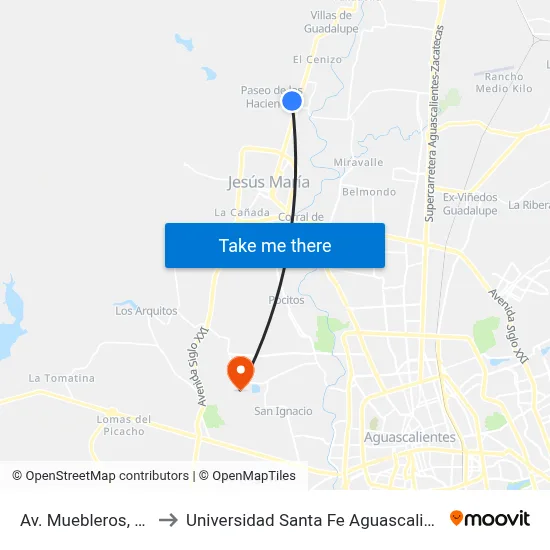 Av. Muebleros, 238 to Universidad Santa Fe Aguascalientes map