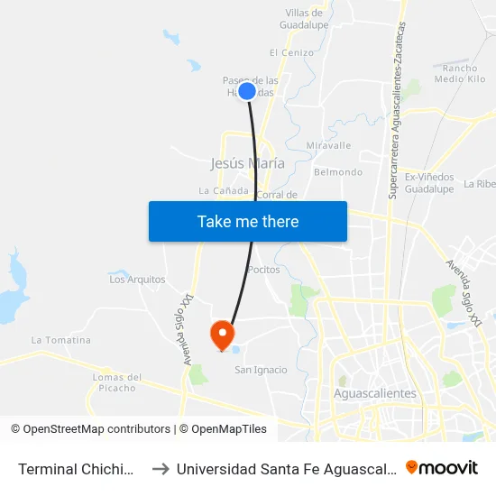 Terminal Chichimeco to Universidad Santa Fe Aguascalientes map