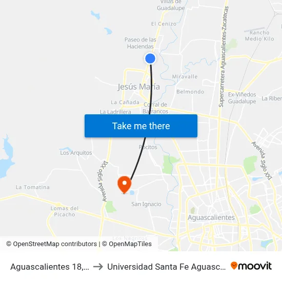 Aguascalientes 18, 1131 to Universidad Santa Fe Aguascalientes map