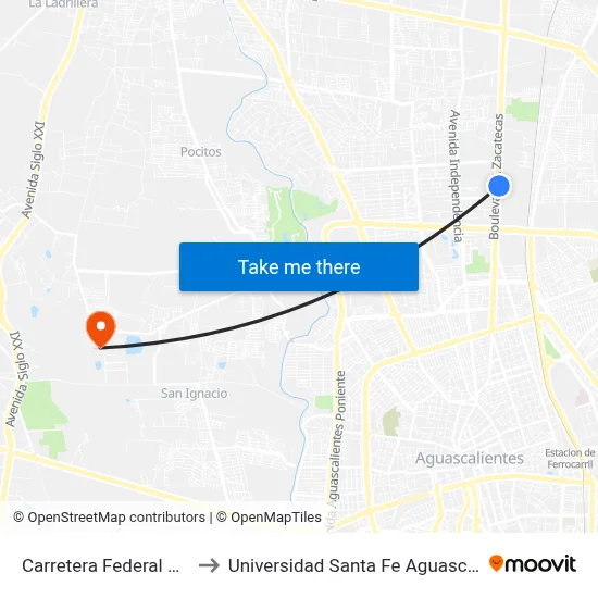 Carretera Federal 45 845 to Universidad Santa Fe Aguascalientes map
