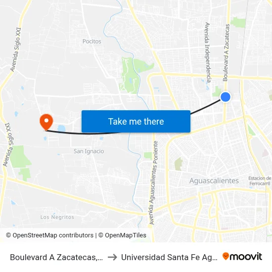 Boulevard A Zacatecas, 1404(1402) to Universidad Santa Fe Aguascalientes map
