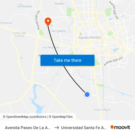 Avenida Paseo De La Asunción, 5199 to Universidad Santa Fe Aguascalientes map
