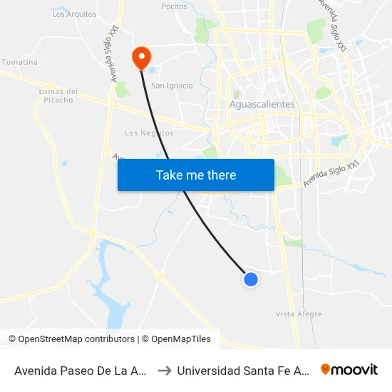 Avenida Paseo De La Asunción, 5211 to Universidad Santa Fe Aguascalientes map