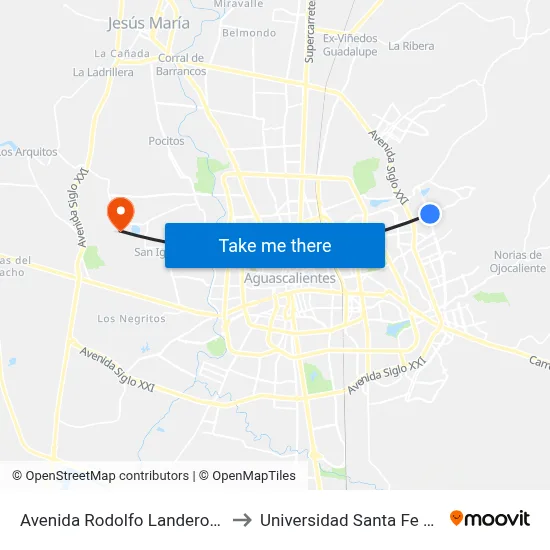 Avenida Rodolfo Landeros Gallegos, 1101 to Universidad Santa Fe Aguascalientes map