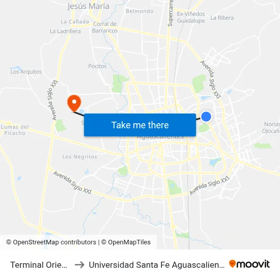 Terminal Oriente to Universidad Santa Fe Aguascalientes map