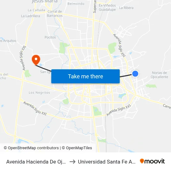 Avenida Hacienda De Ojocaliente, 301 to Universidad Santa Fe Aguascalientes map