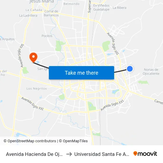 Avenida Hacienda De Ojocaliente, 403 to Universidad Santa Fe Aguascalientes map
