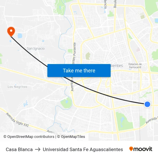 Casa Blanca to Universidad Santa Fe Aguascalientes map