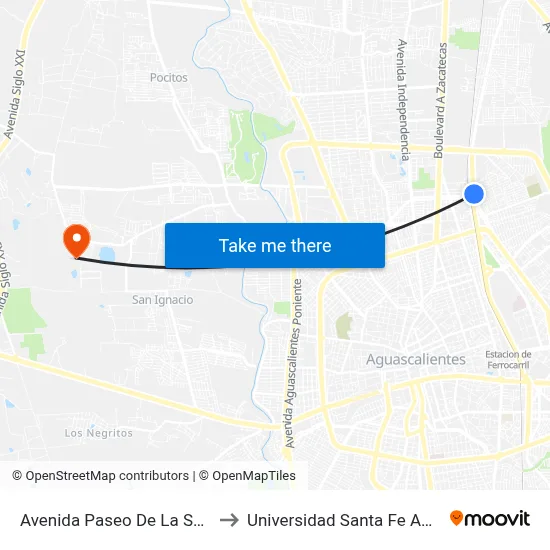 Avenida Paseo De La Solidaridad, 99 to Universidad Santa Fe Aguascalientes map