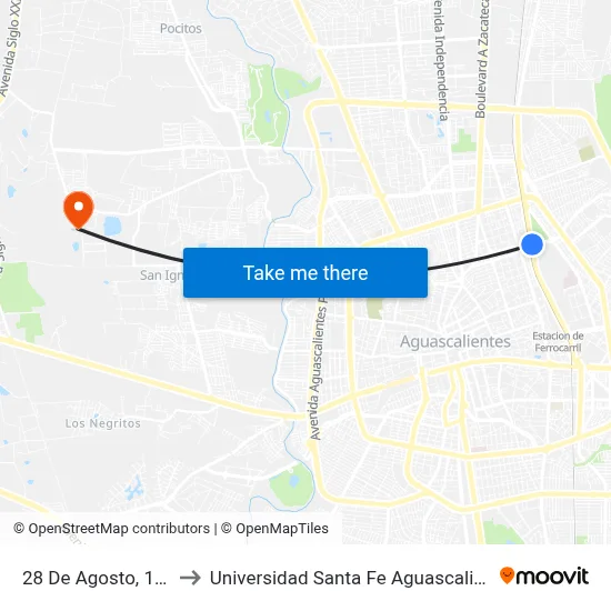 28 De Agosto, 1122 to Universidad Santa Fe Aguascalientes map