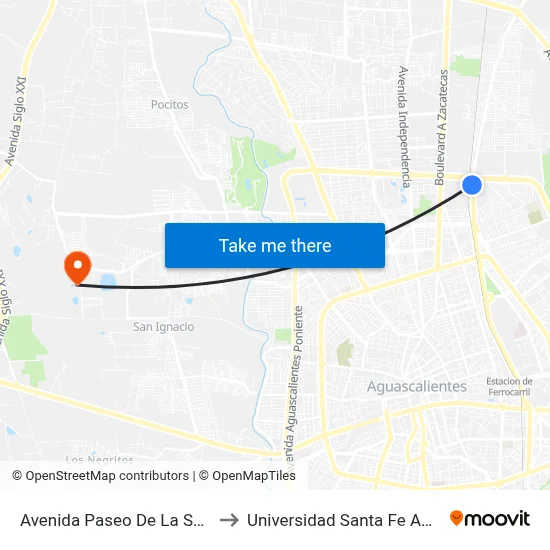 Avenida Paseo De La Solidaridad, 68 to Universidad Santa Fe Aguascalientes map
