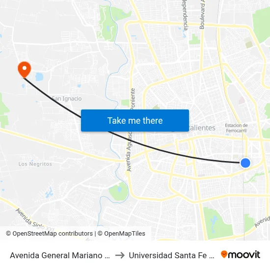 Avenida General Mariano Escobedo, 1004a to Universidad Santa Fe Aguascalientes map